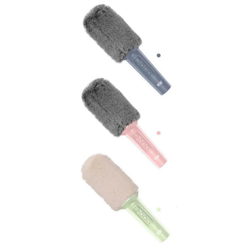 Wireless Bluetooth karaoke microphone in pink, blue, or green with integrated audio system
