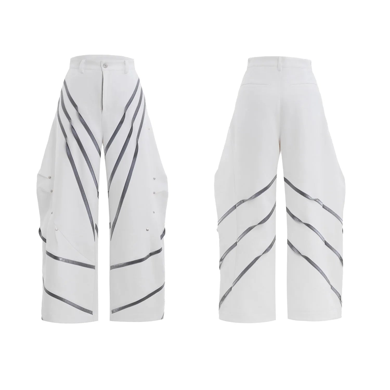 Men's black trousers with white pleated detail and silver metal striped rivets, showing the three-dimensional cut.