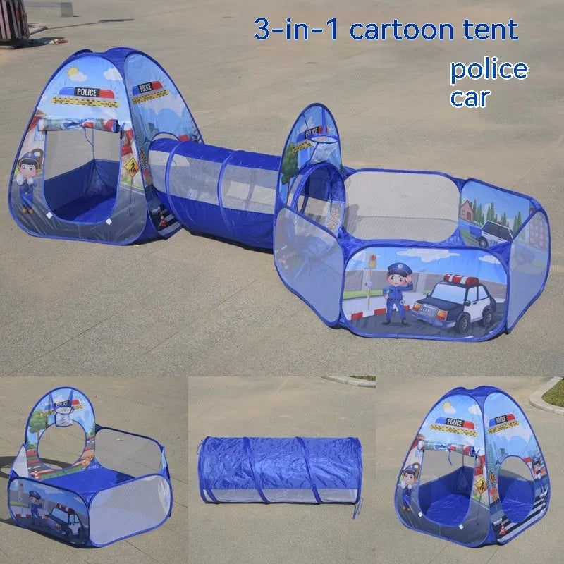 Three-piece children's play tent centre with integrated ball pool and tunnel in colourful cartoon design