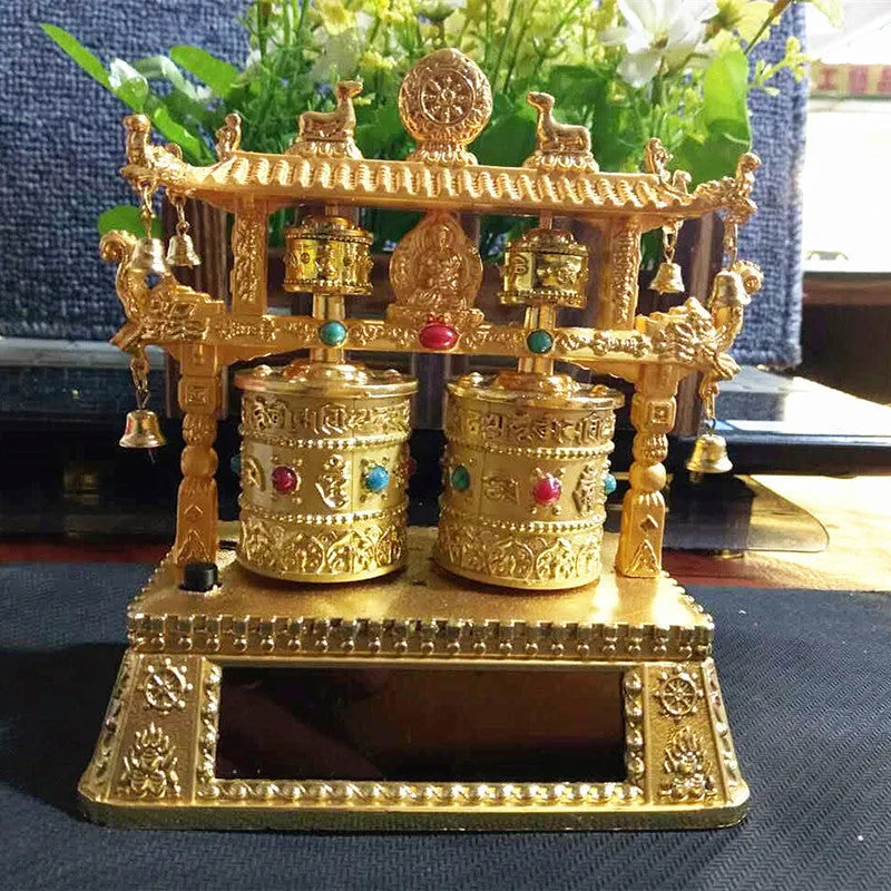 Alloy car prayer wheel decoration with Chinese traditional style measuring 12x15x8cm