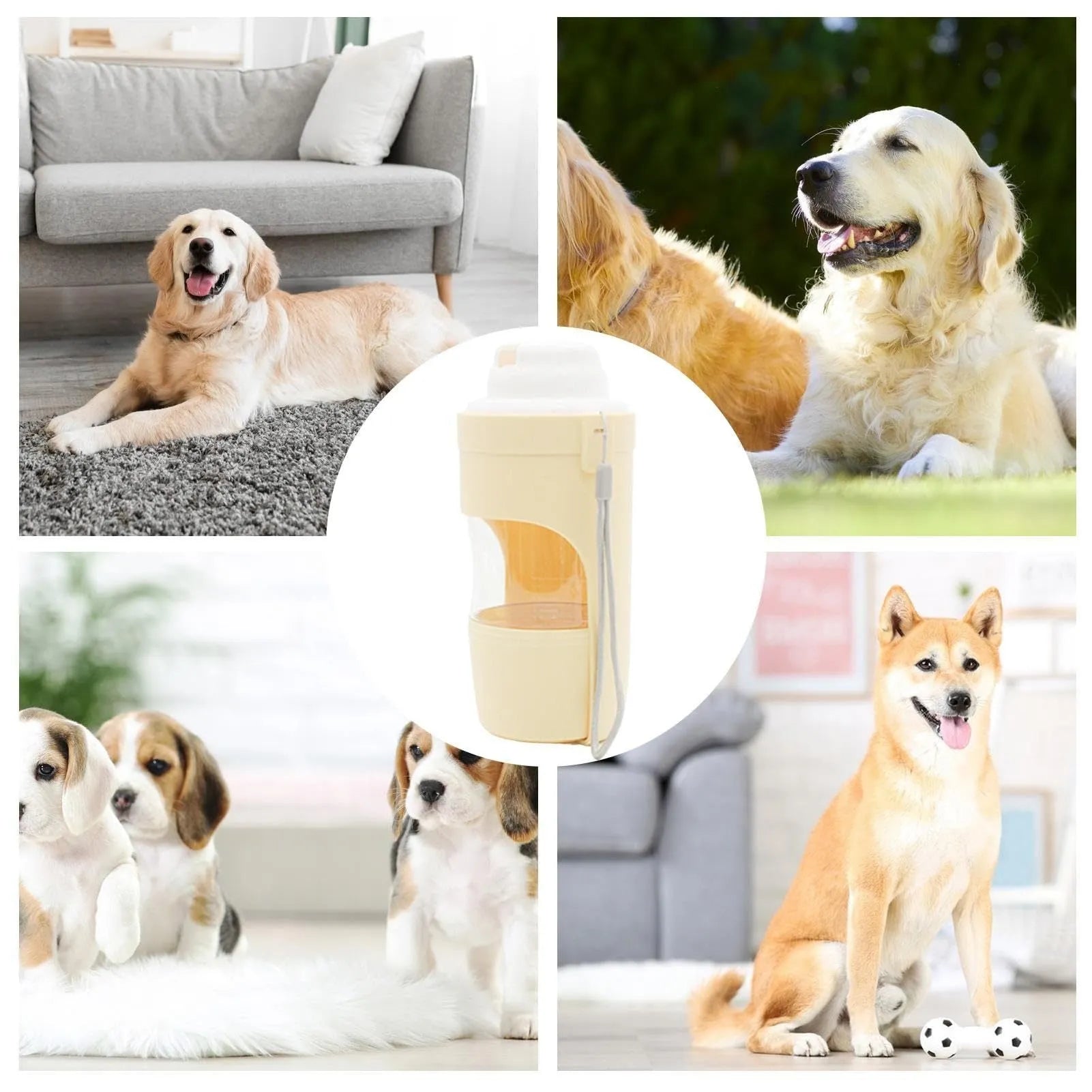 Green portable dog water bottle and feeder with attached lanyard, showing separate food and water compartments.