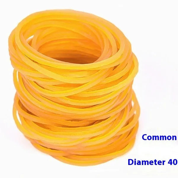 500g bulk pack of assorted yellow rubber bands in diameters from 16mm to 70mm.