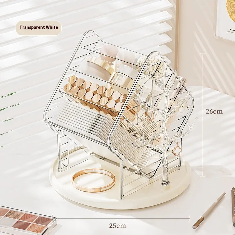 Rotating cosmetics storage box in clear or amber gold plastic with 360-degree rotation mechanism