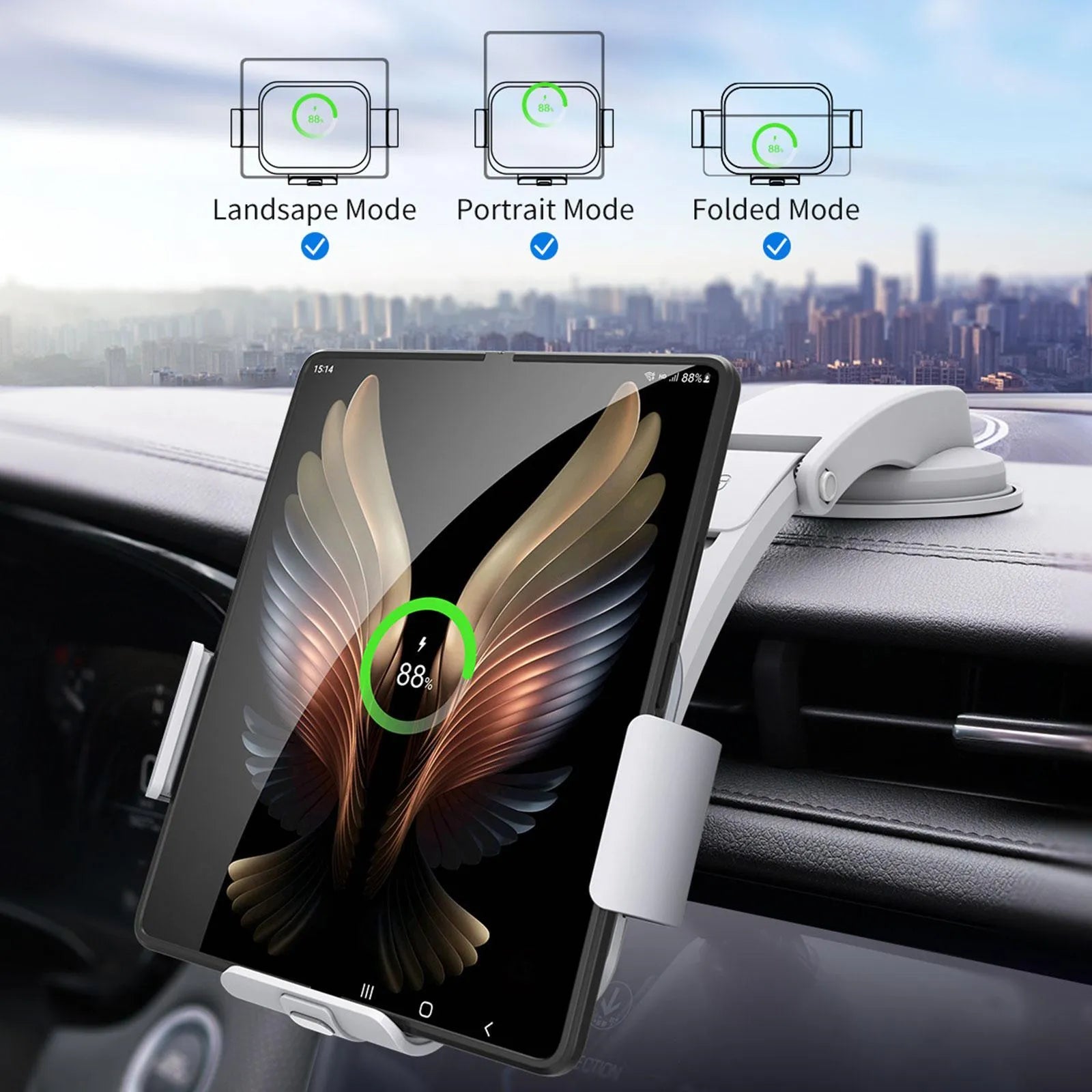 Grey wireless charging car phone holder with folding screen on car dashboard