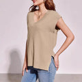 Women's V-neck sleeveless pullover vest in camel colour with loose fit design