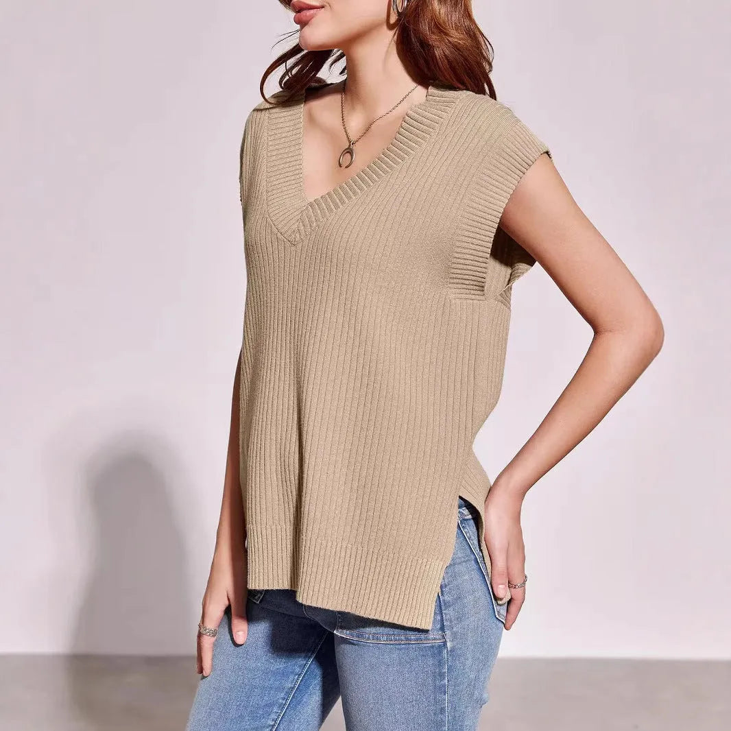 Women's V-neck sleeveless pullover vest in camel colour with loose fit design