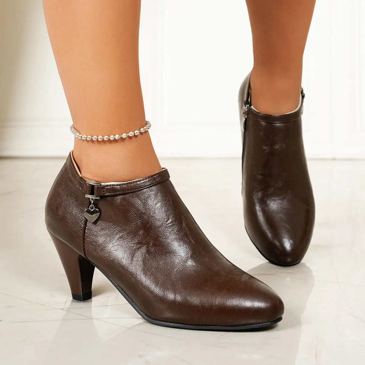 Casual pointed toe stiletto heel ankle boots with love decoration in solid colour, artificial leather upper