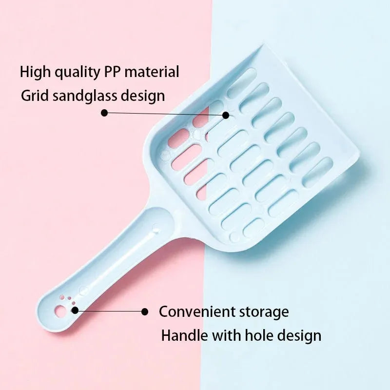 Blue plastic cat litter scoop for pets, 20 cm long, on a white background.