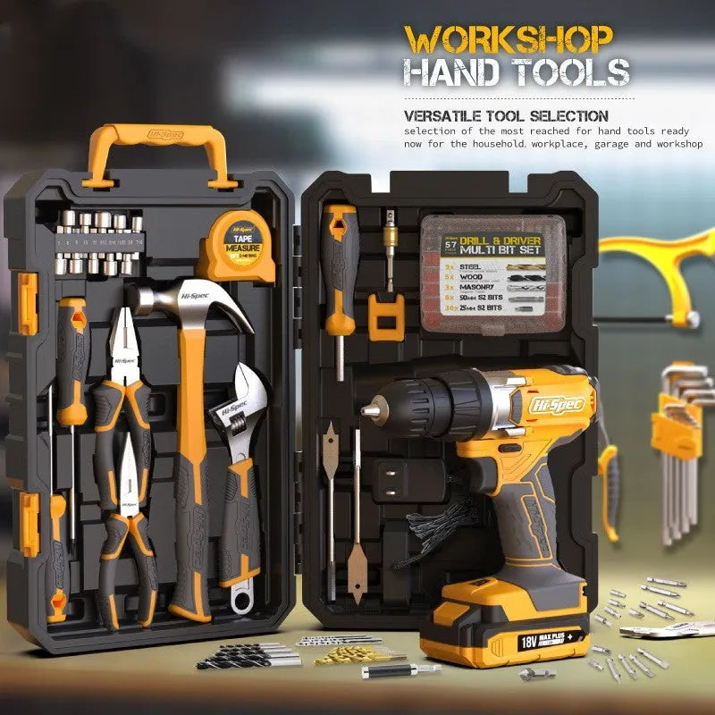 Grey yellow US style tool kit case open to show 82 pieces of chrome-vanadium steel hardware.