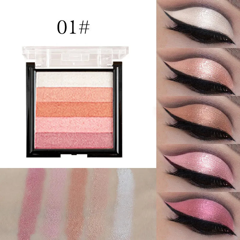 Eye shadow palette compact for highlighting and contouring, showing six colour style options with 12g net content.