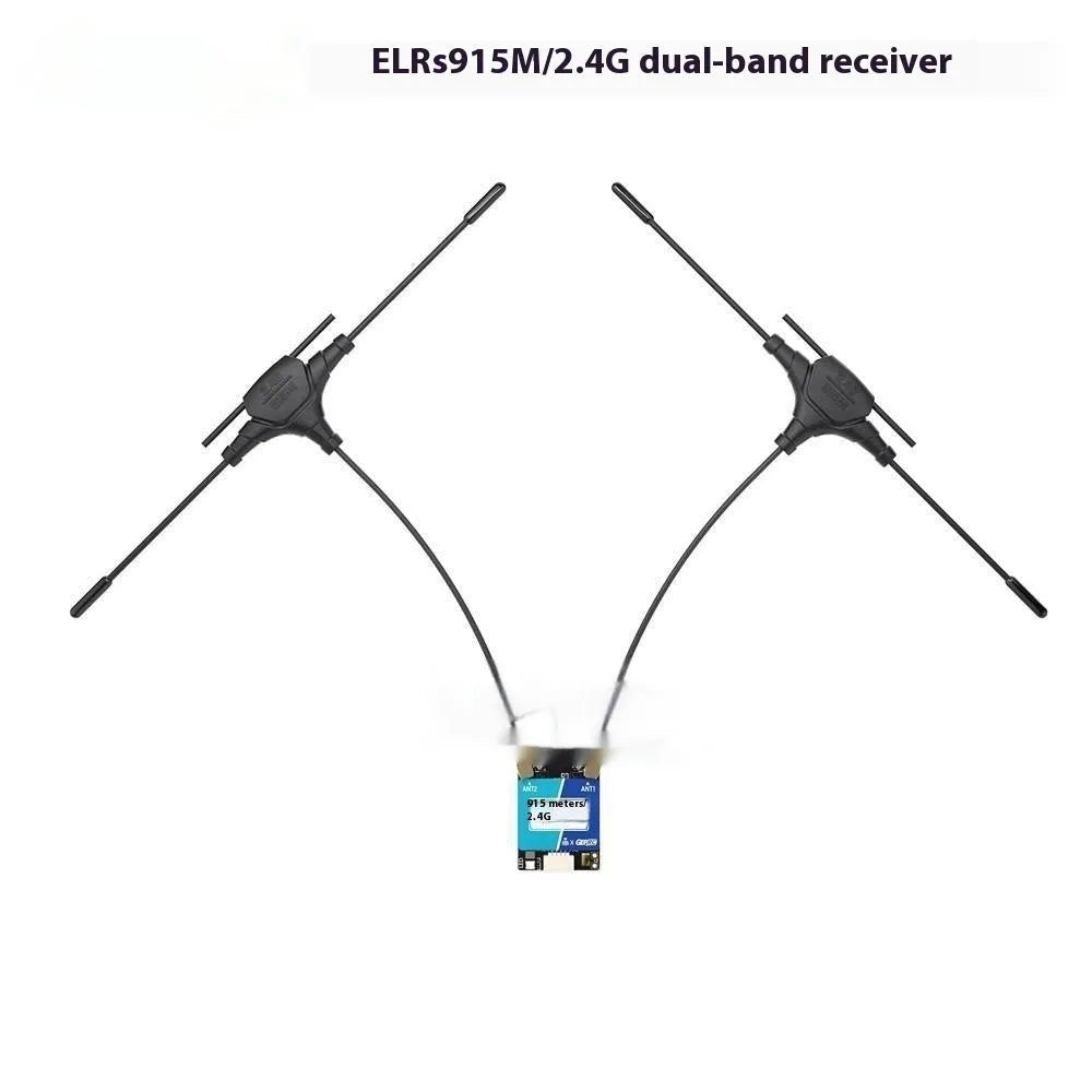 ELRS915M/2.4G dual-frequency FPV receiver with two T-shaped antennas, heat shrink tubing, and connecting cable