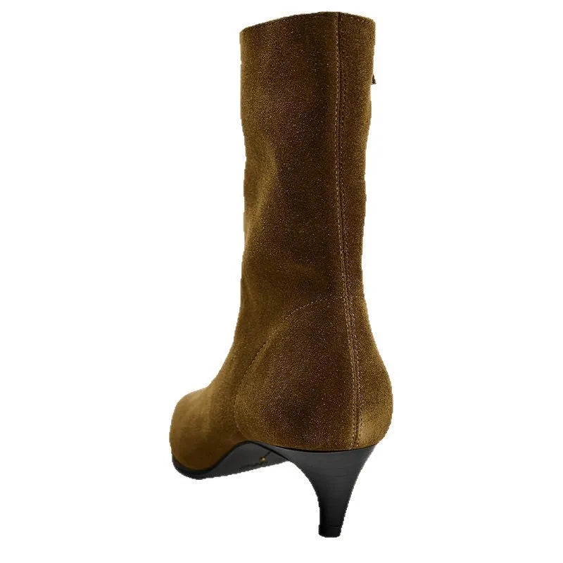 Brown women's square toe ankle boots with a side zipper and stiletto heel on a waterproof platform sole.