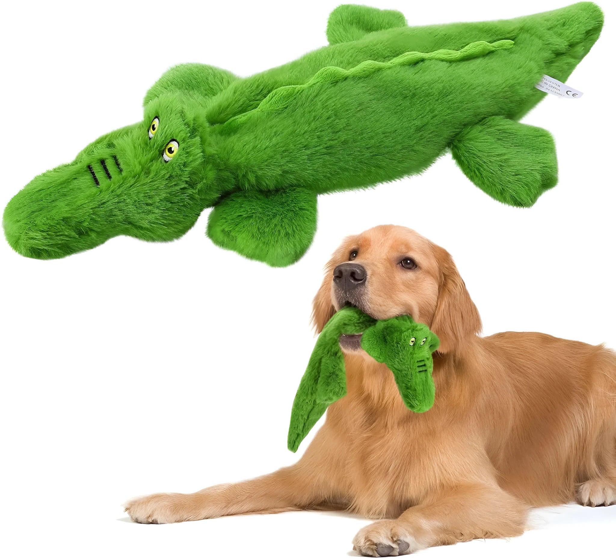 Green crocodile-shaped plush dog toy with no stuffing, squeaker in head, and crinkle paper in tail
