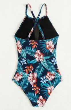 Women's deep V-neck one-piece swimsuit showing front design with polyester lining