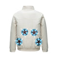 Men's black smart air conditioning jacket with ventilation holes for a portable fan, laid flat.