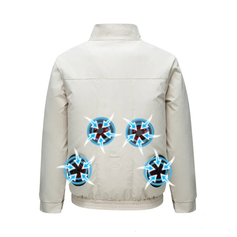Men's black smart air conditioning jacket with ventilation holes for a portable fan, laid flat.
