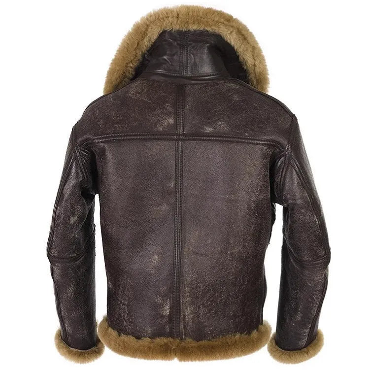 Men's vintage Western-style fur coat in black synthetic leather with straight hem design