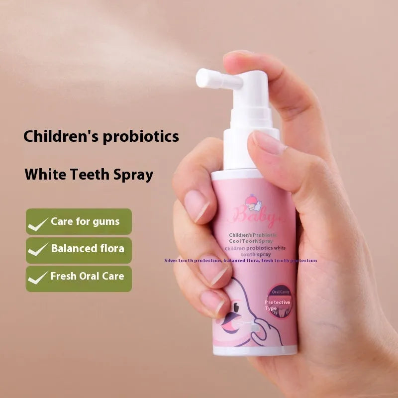 Children's probiotics white teeth cleaning spray bottle with strawberry and orange flavour options