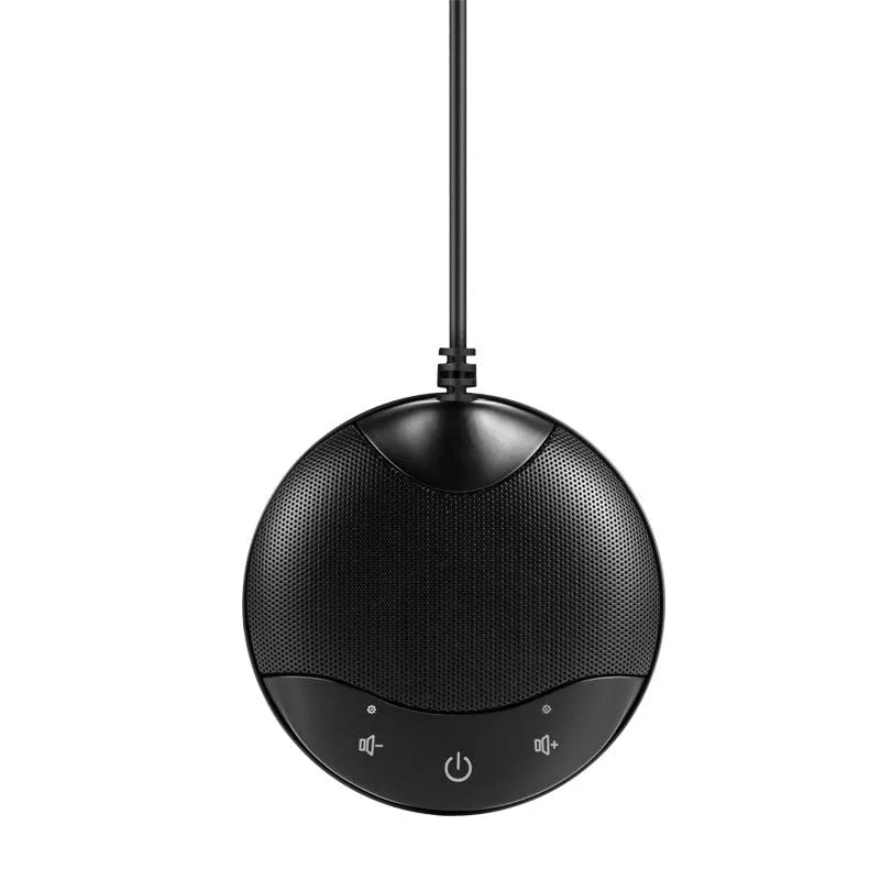 Black USB condenser microphone for conference and recording with 9x9x1.7cm desktop dimensions