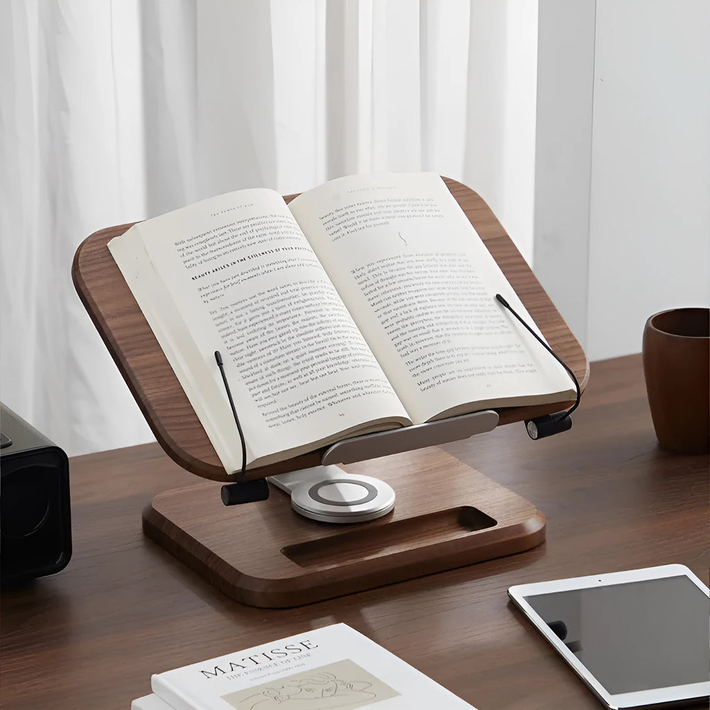 Black walnut wood adjustable rotating reading rack holding book and iPad tablet