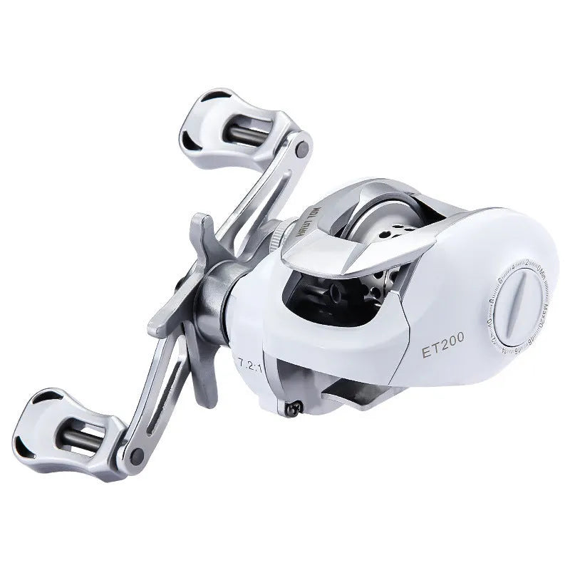 ET micro drop wheel baitcasting fishing reel on a solid background.