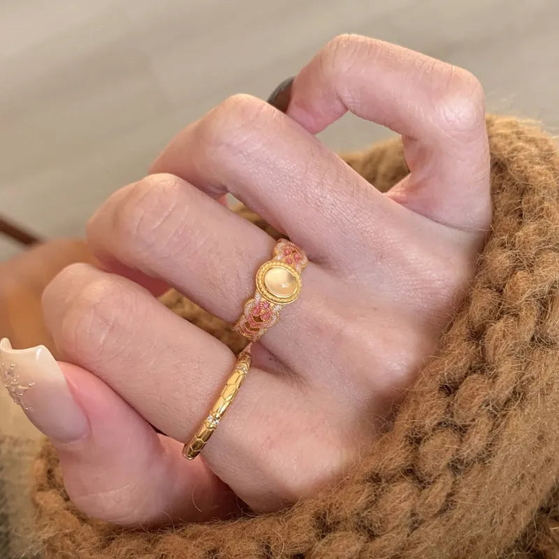 Geometric open mouth ring for women in pink crystal enamel on gold-plated copper