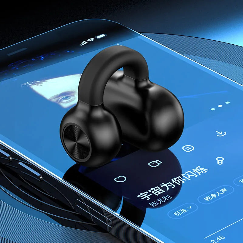 Black wireless Bluetooth clip-on bone conduction earphones with charging cable