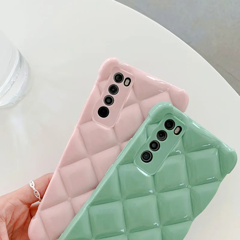 Huawei silicone phone case with diamond cell pattern in black, green, pink, or white colours