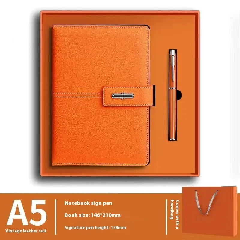 A5 notebook with PU leather cover in various colours including black, red, green, blue, and orange
