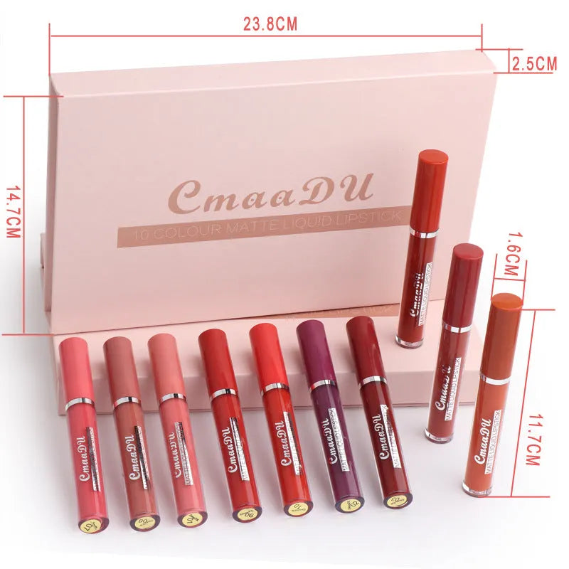 Women's non-stick cup waterproof matte lipstick 10-pack in photo colour with box dimensions 23.8x14.7x2.5 cm