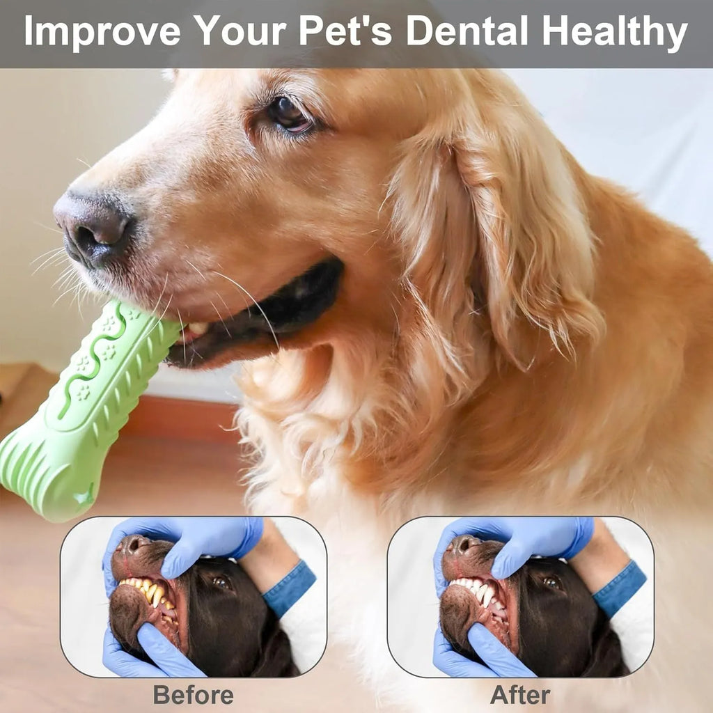 Blue natural rubber bone-shaped dog chew toy with textured surface and puzzle holes.