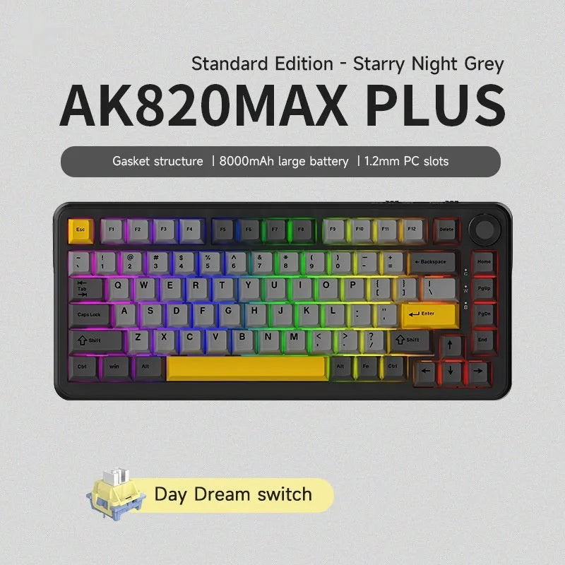 Black, grey and yellow mechanical keyboard with three wireless modes and compact 75% layout