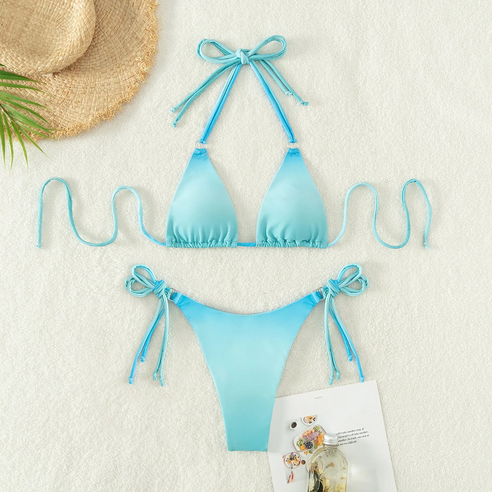 Women's gradient colour separated bikini swimwear set with triangle top and briefs