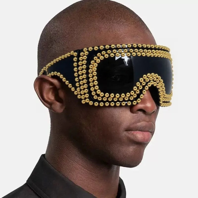 Men's punk sunglasses with large square frame and rivet detailing in silver colour