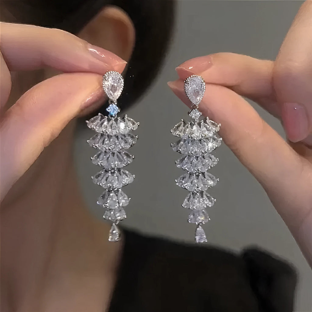 Silver Pagoda coloured Christmas tree and pagoda shaped drop earrings with zircon accents.