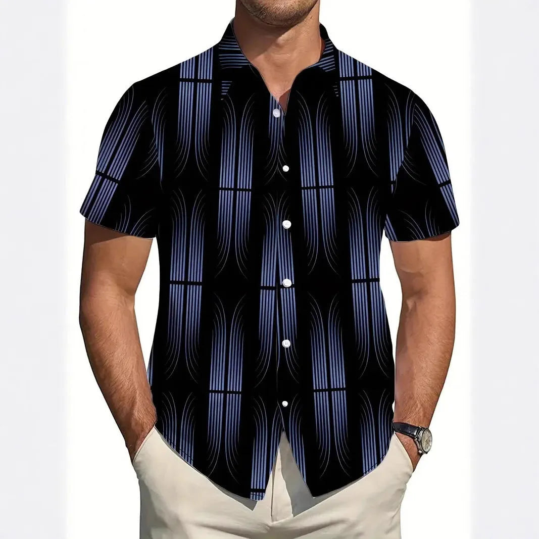 Men's slim fit geometric print short sleeve shirt with lapel collar in a light colour.
