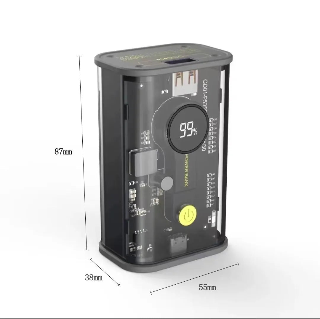 Transparent yellow industrial power bank showing internal components with 10000mAh capacity label