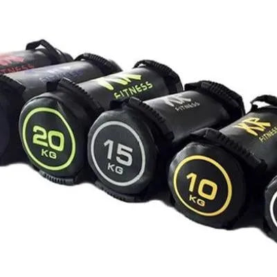 White PVC fitness training sandbag with weight markings for gym strength exercises