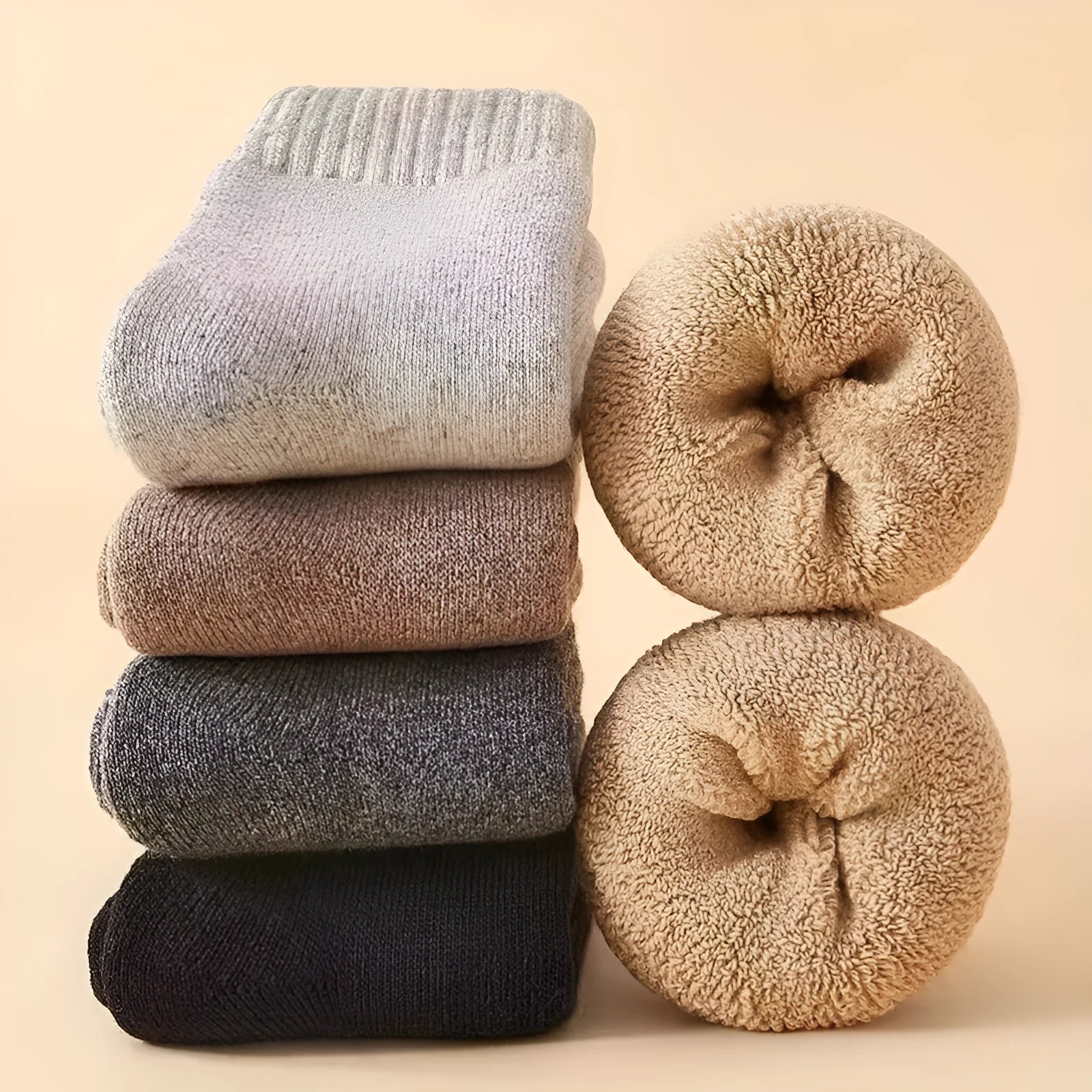 Winter wool socks with thick merino midsole in black, khaki, light grey and dark grey colours