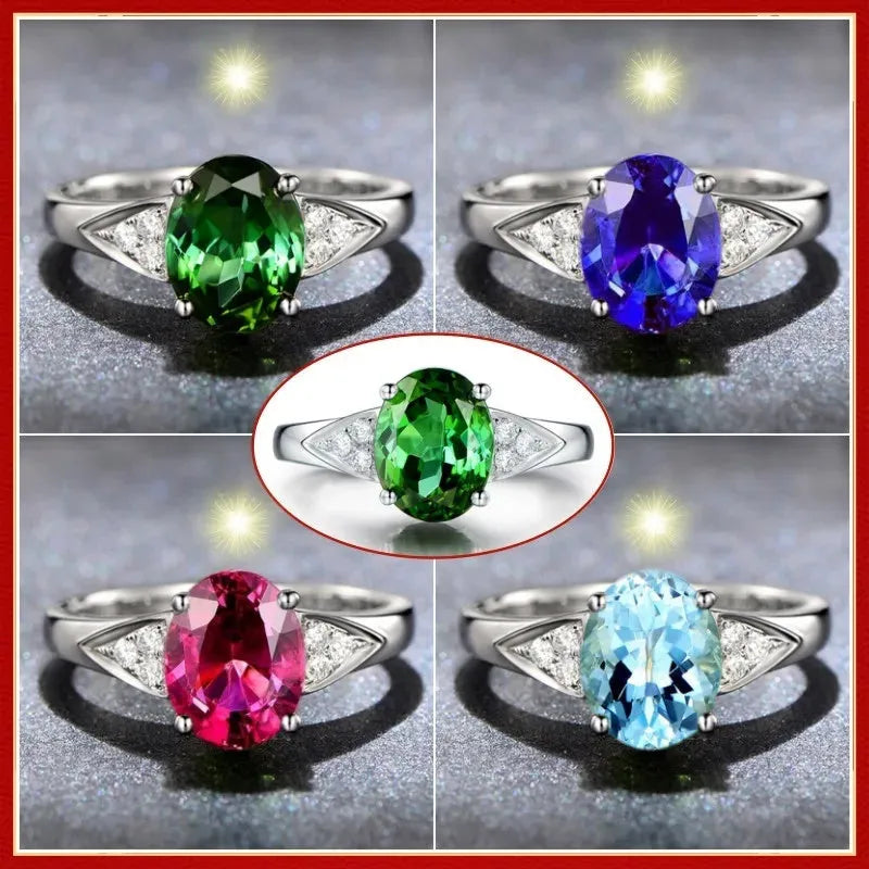 A women's court-style ring with a natural red and blue zircon inlay, showing heart, water drop, and bell pattern options.