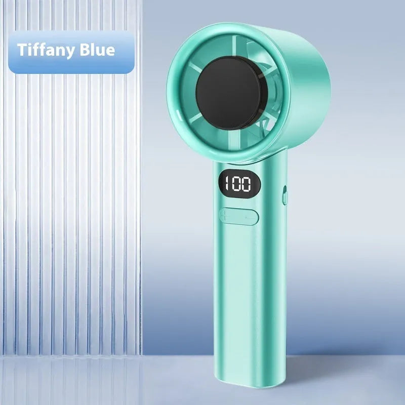 Handheld USB fan showing 120-speed control, brushless motor, and available in green, khaki, silver, or white colours