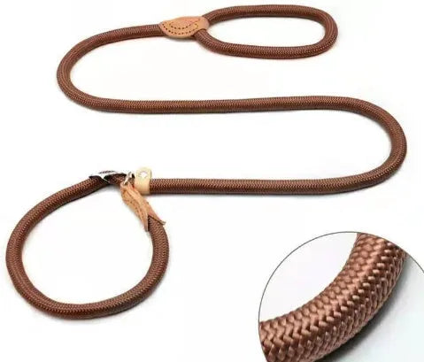 Brown nylon P chain dog leash held in a hand, showing its full 2.1 metre length.