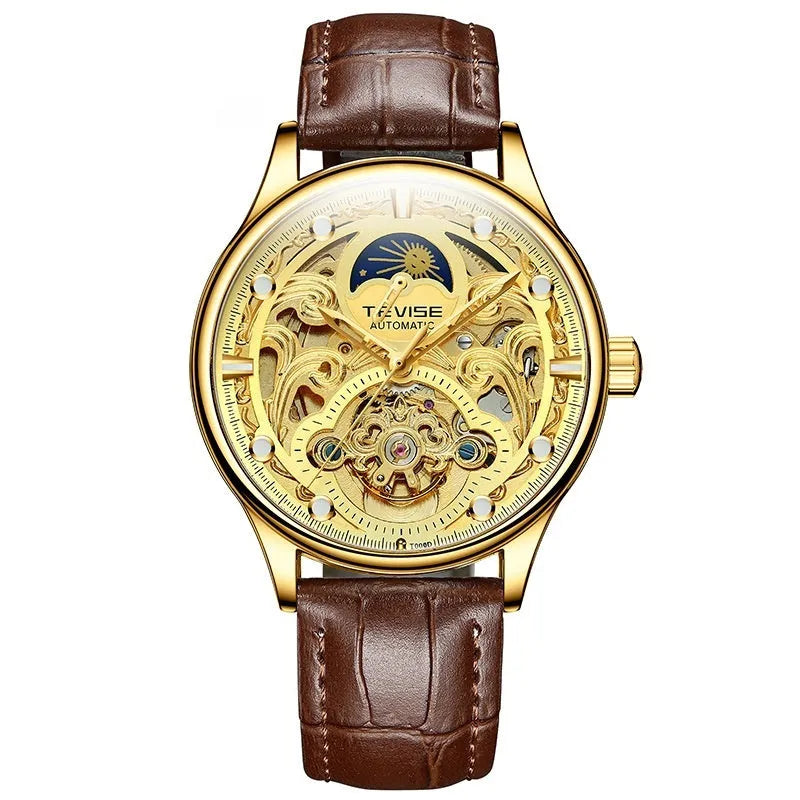 Men's automatic waterproof mechanical watch with leather strap and stainless steel case
