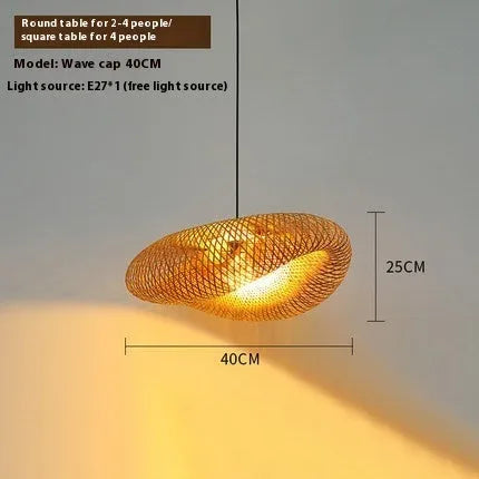 Bamboo straw hat-shaped hanging ceiling lamp in natural woven finish