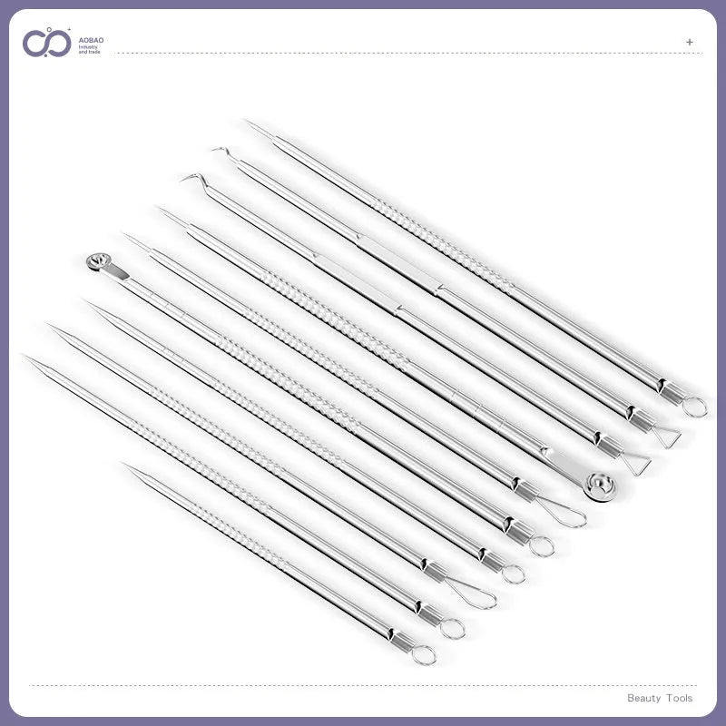 Four metal acne needles with ultra fine pointed tips for blackhead removal and skincare treatment