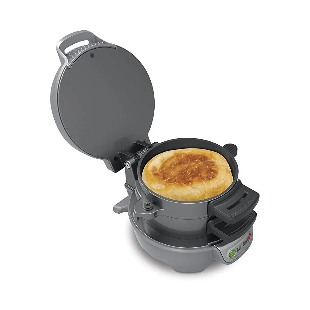 Breakfast sandwich maker with egg cooker ring in bright red, orange, or silver grey colours