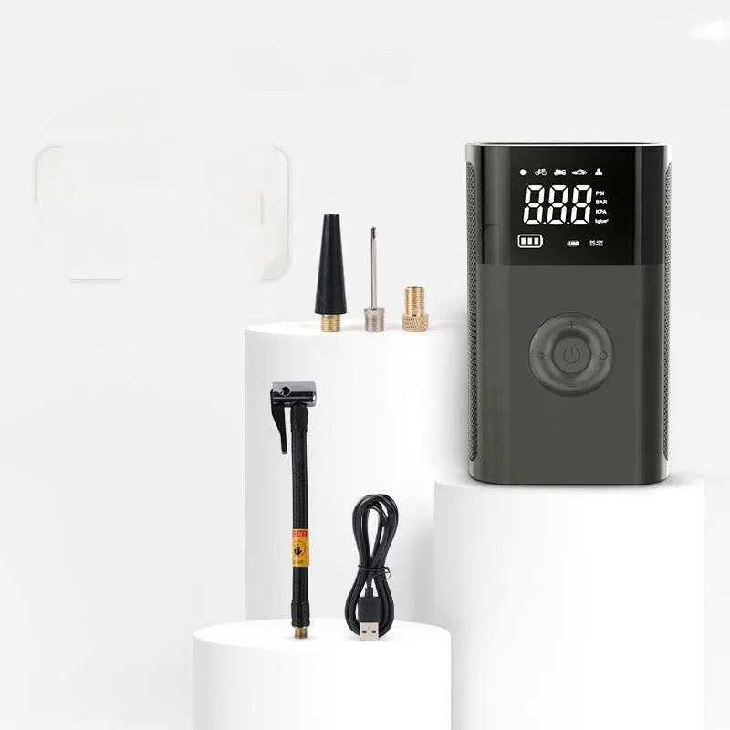 Wireless digital display air pump with LED light showing tyre pressure reading on screen