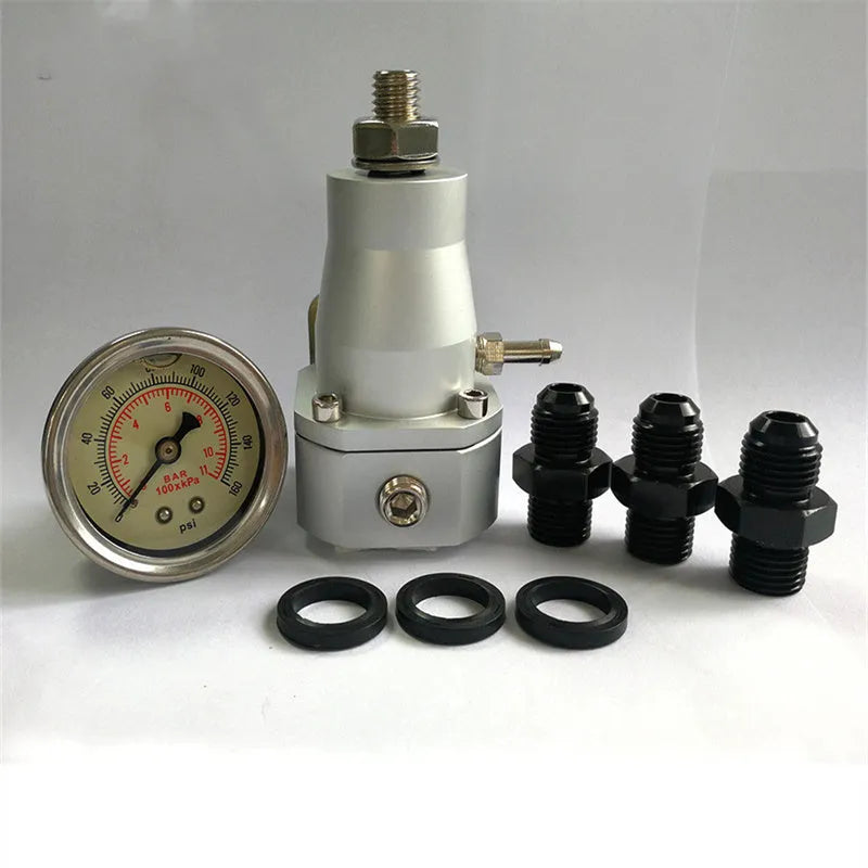 Black aluminium fuel pressure regulator with adjustment port for electronic injection systems