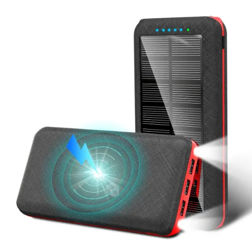 Solar power bank with wireless charging surface, three USB ports, and LED flashlight in black colour