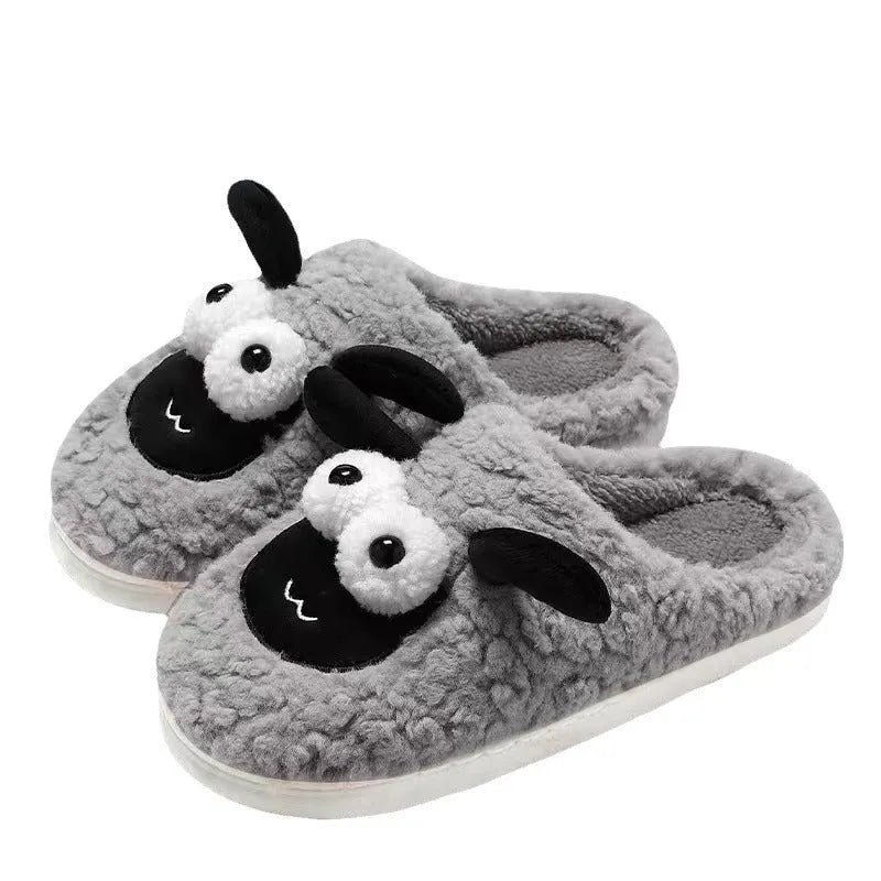 Simple lamb design thermal cotton suede slip-on slippers with a sewn PVC sole.